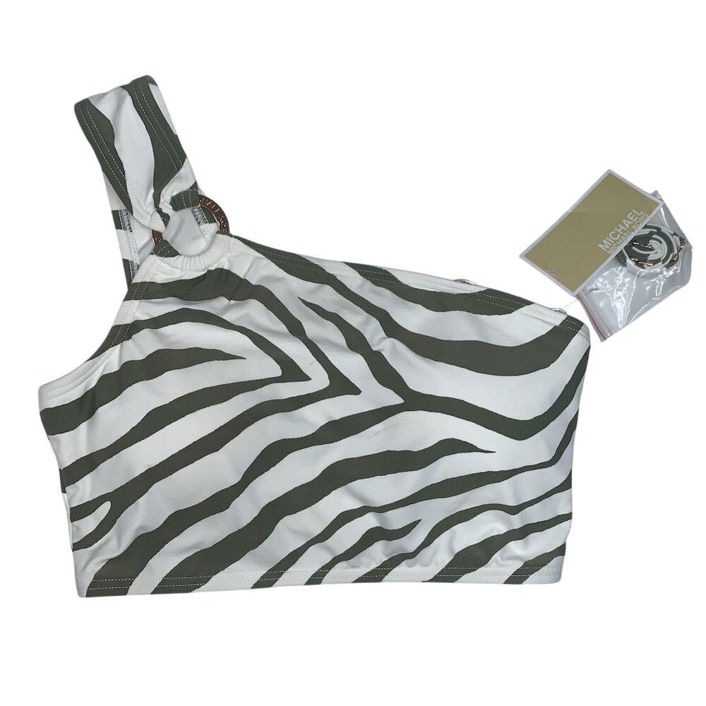 Michael Kors Women's Green and White XS Zebra Print‎ One-Shoulder Bikini Top